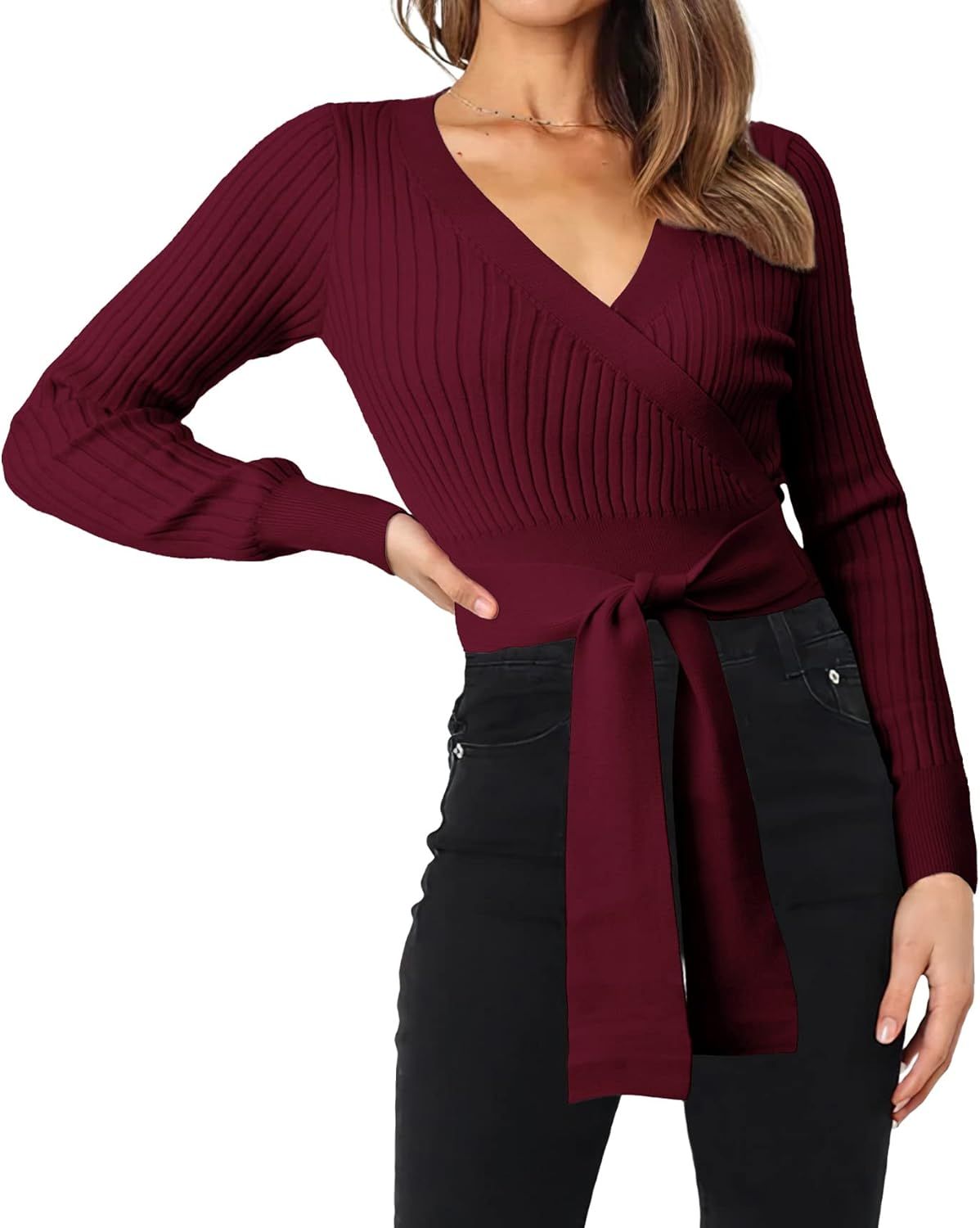 BTFBM Women Wrap Deep V Neck Cropped Sweaters Long Sleeve High Waist Tie Front Slim Fit Ribbed Kn... | Amazon (US)