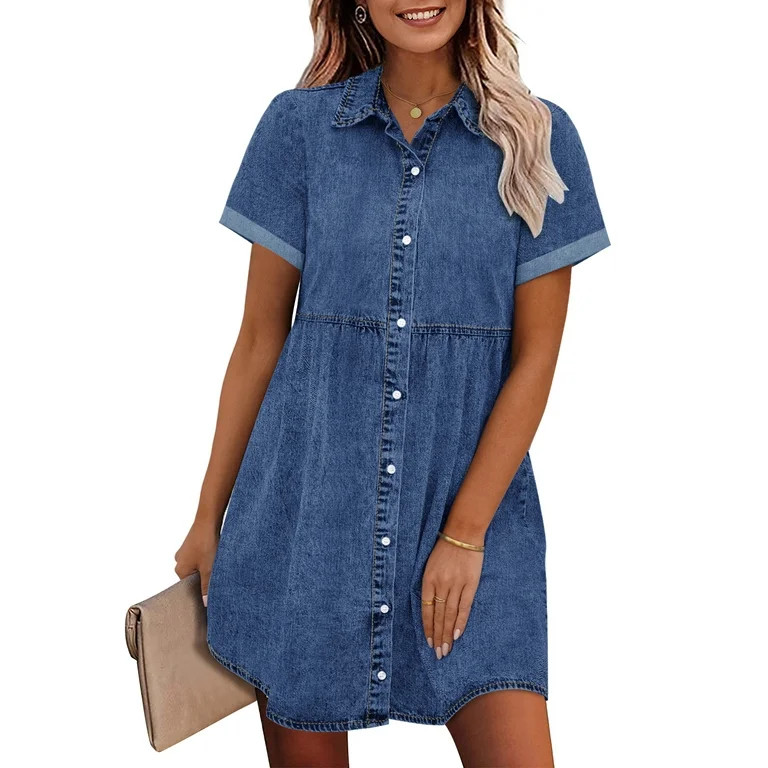 Vetinee Women's High Rise Denim Summer Dress Folded Sleeve Layered Babydoll Jean Dress Size S Fit... | Walmart (US)