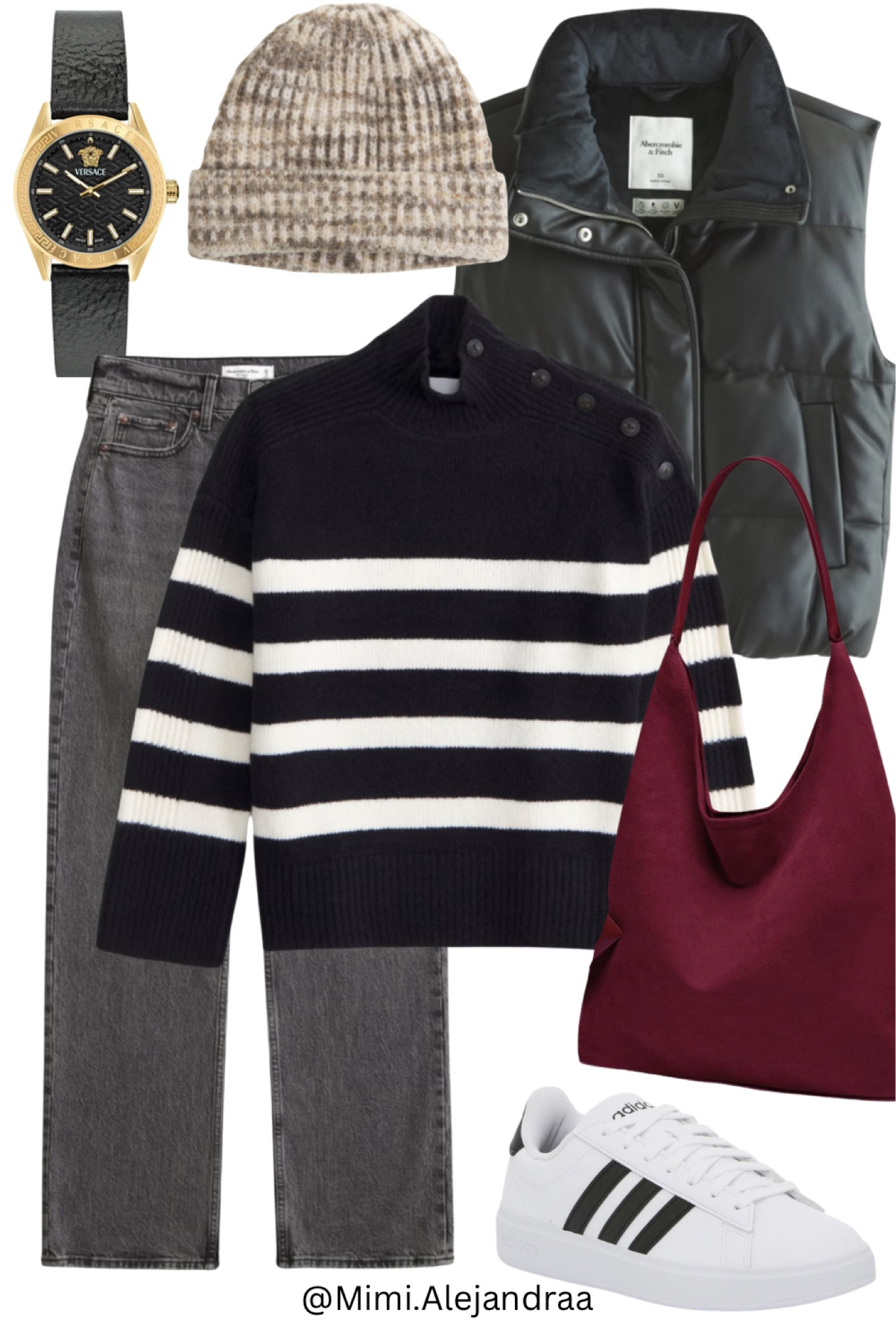 Winter capsule wardrobe from Abercrombie and Fitch
Black puff vest
Black & white striped mock turtleneck 
Grey jeans
Neutral beanie 
White & black sneakers from DWS
Black & gold watch from Nordstrom
Burgundy shoulder bag from Amazonn

#LTKSaleAlert #LTKStyleTip #LTKSeasonal
