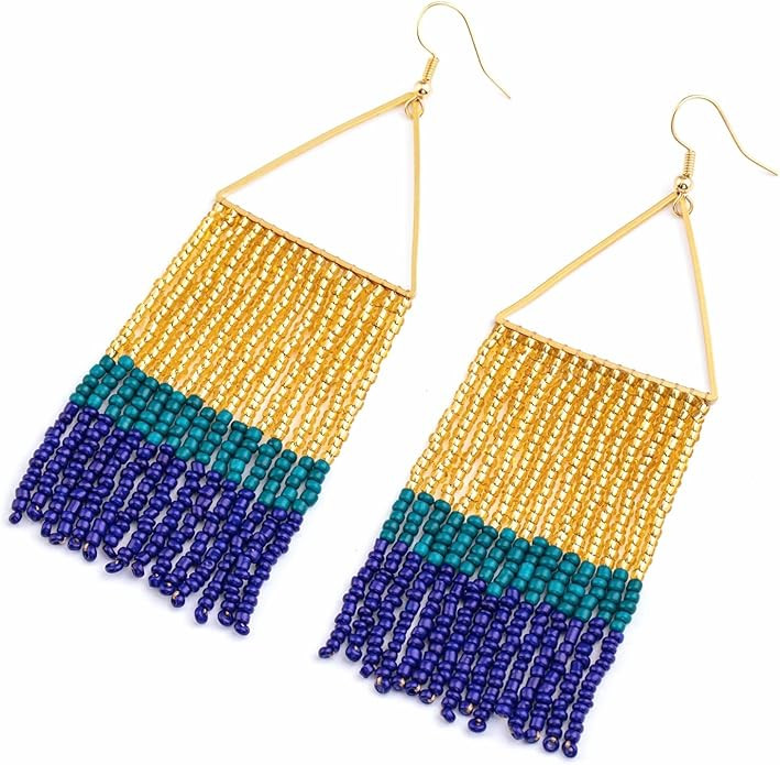 Handmade Beaded Tassel Earrings - Statement Seed Bead Earrings, Boho Beaded Fringe Drop Earrings ... | Amazon (US)