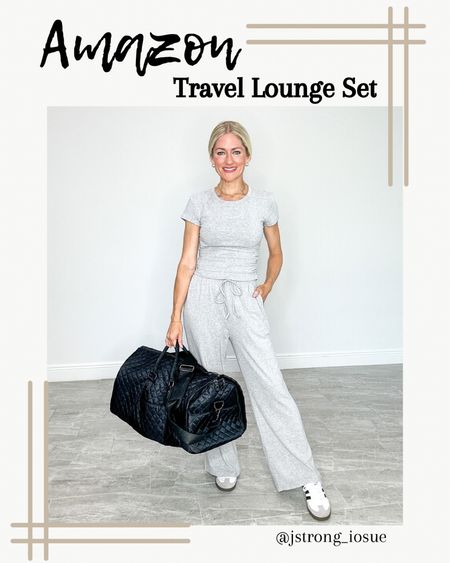 Travel lounge set from Amazon! Material is thick and stretchy. Top has side ruching.  Pants have elastic waist, drawstring and are petite friendly. Duffel bag can be used as a carry on. It attaches to your luggage and also doubles as a garment bag. 

#LTKStyleTip #LTKTravel #LTKFindsUnder50