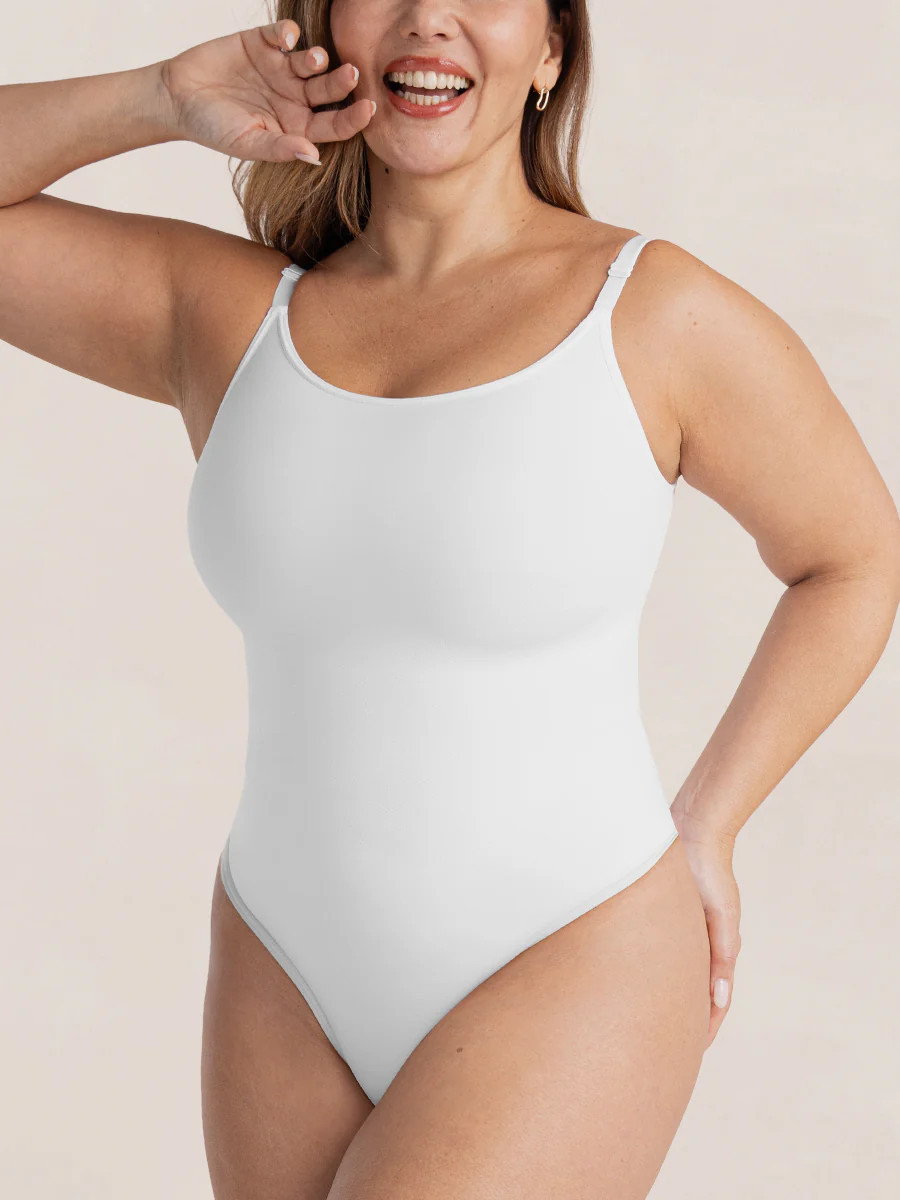 Shapermint Essentials All Day Every Day Scoop Neck Thong Bodysuit Shapewear White M | Shapermint