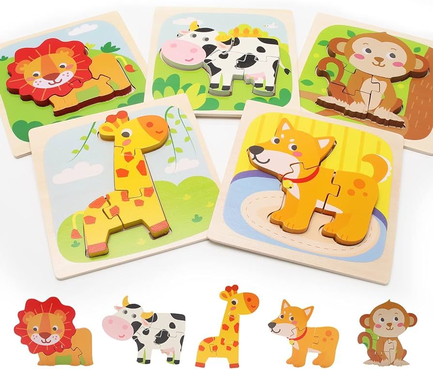 Wooden Toddler Puzzles for 1,2,3 Years, 5-Pack Animal Shape Puzzles for Kids 2-4, Montessori Educ... | Amazon (US)