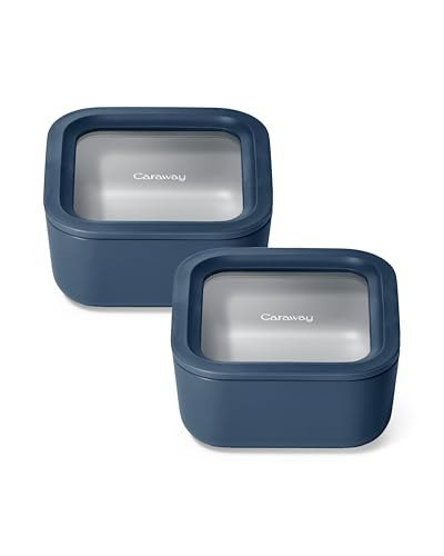Caraway 2pc Glass Food Storage Set - 4.4 Cup Food Containers (2) - Ceramic Coated - Non Toxic, Non Stick Lunch with Lids - Dishwasher, Oven, & Microwave Safe - Navy | Amazon (US)