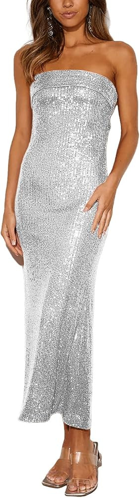 Women Strapless midi Sequin Dresses Bodycon Sleeveless Wedding Guest Sparkly Glitter Formal Cockt... | Amazon (US)