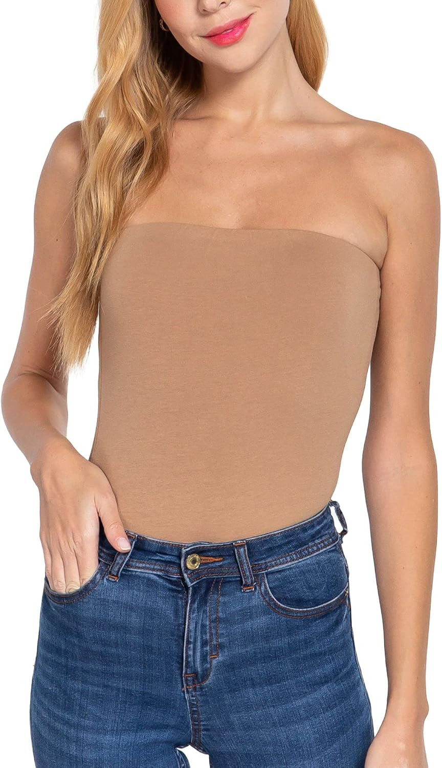 FashionMille Women Tube Bandeau Cotton Spandex Jersey Bodysuit Strapless Top-FWT1326-N KHAKI-S at... | Amazon (US)