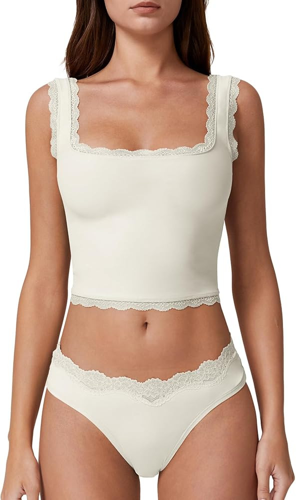QINSEN Womens Square Neck Lace Trim Tank Tops Double Lined Slim Fit Summer Going Out Y2k T Shirts | Amazon (US)