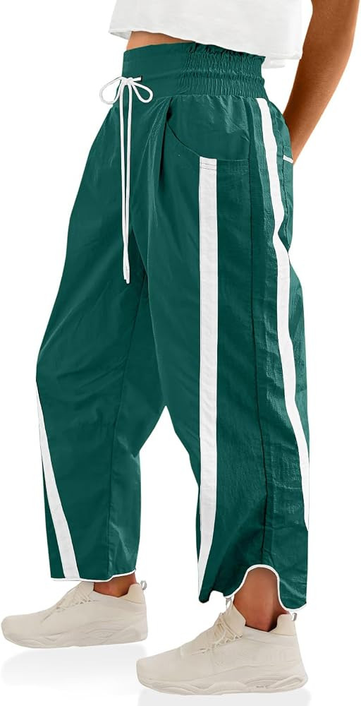 Womens Pants Baggy Wide Leg Casual Workout Elastic Waisted Stripes Track Pockets Y2K Barrel Trend... | Amazon (US)