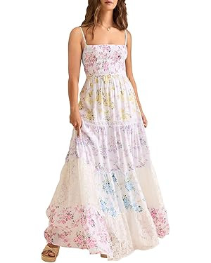 Women Floral Maxi Dress Smocked Spaghetti Strap Lace Patchwork Tiered Boho Long Dress Vacation Ga... | Amazon (US)