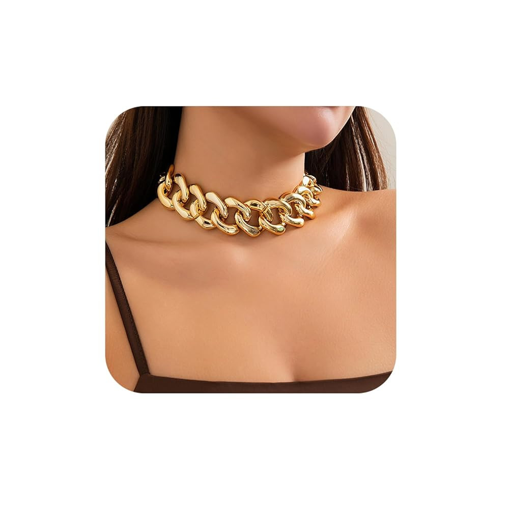 Chunky Link Cuban Chains Necklace Women's Punk Hip-hop Thick Gold Chain Choker Necklace Fashion C... | Amazon (US)