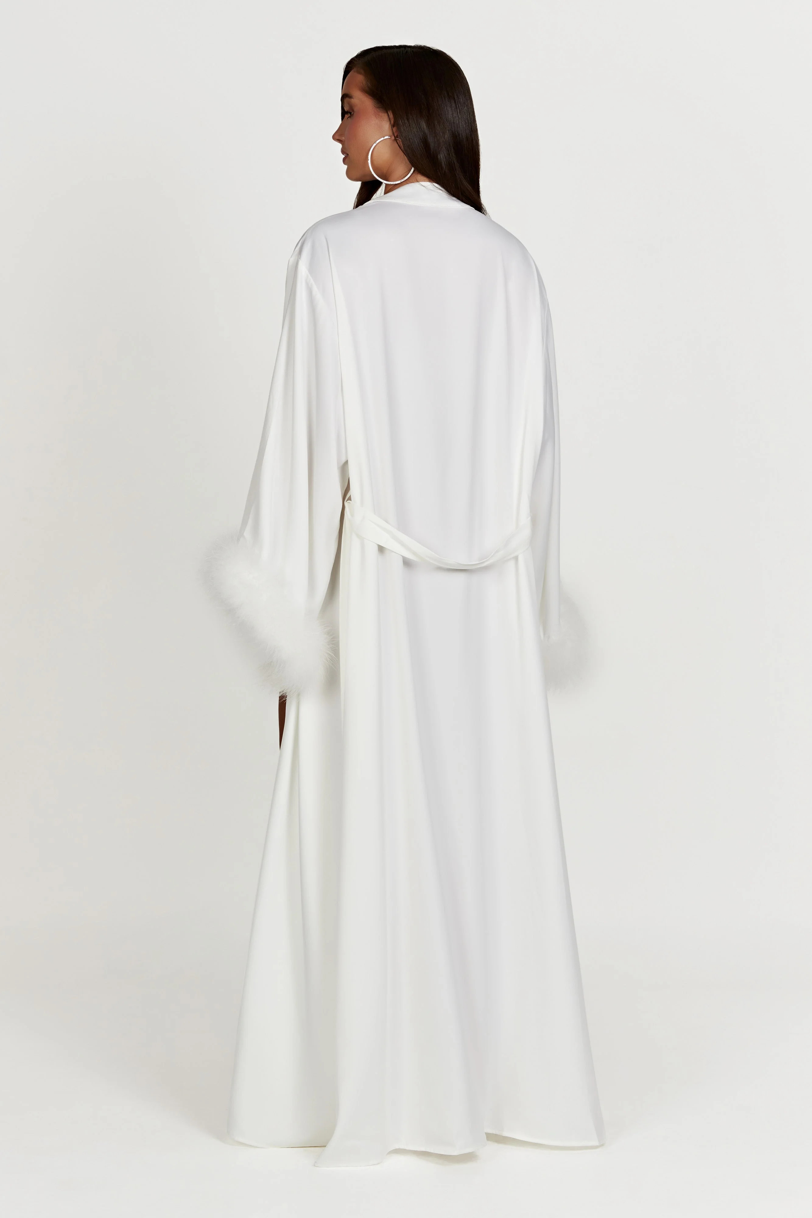 Amalia Satin Feather Trim Robe - White | MESHKI US