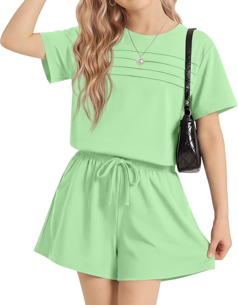 Halfchet Girls' Short Set 2 Piece Summer Outfit 5-14Y Short Sleeve Top Elastic Waist Shorts with ... | Amazon (US)
