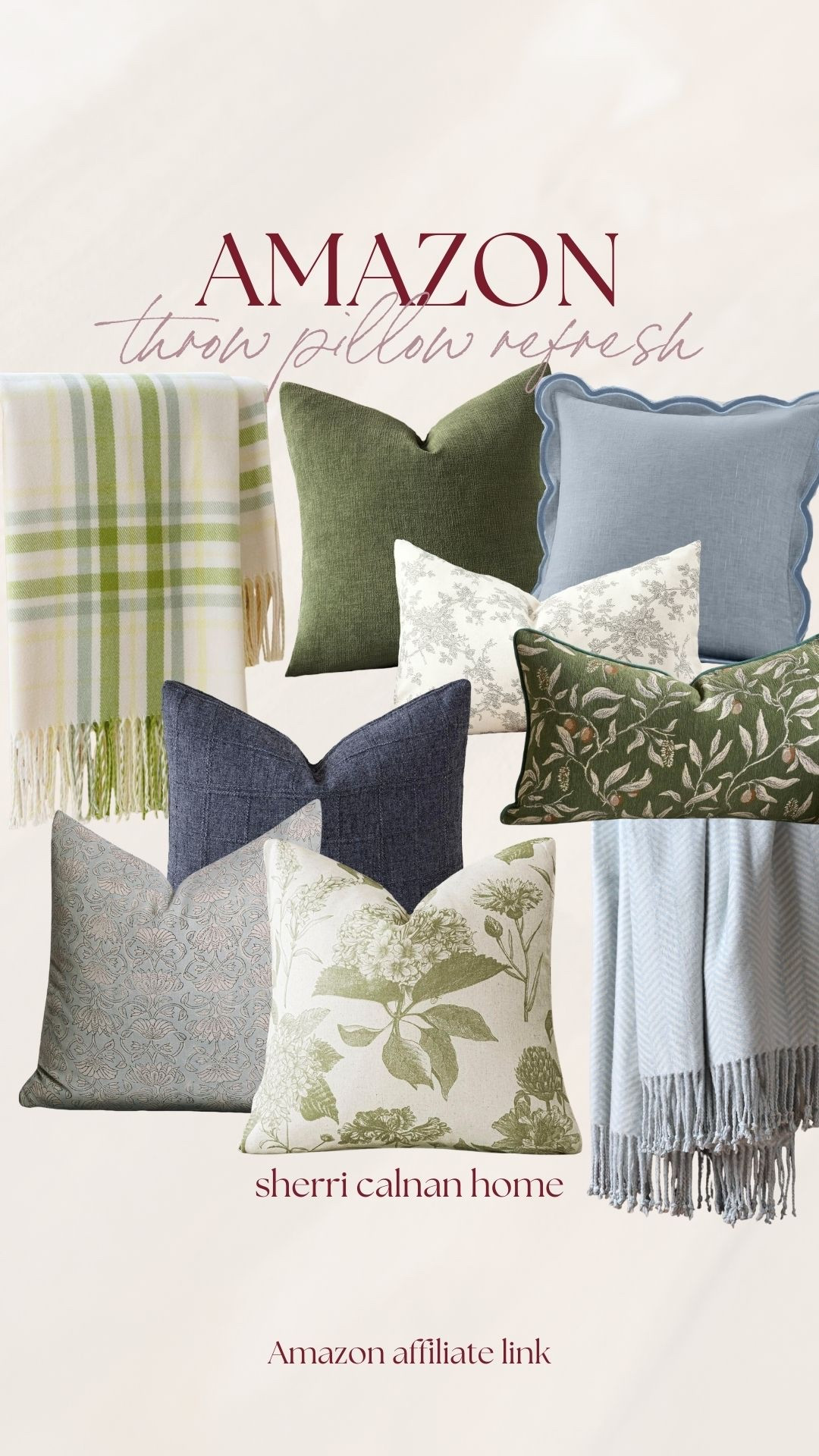 Amazon throw pillow refresh featuring soft botanical prints, scalloped trim pillows, textured solids, and cozy neutral throw blankets for an easy seasonal update. Mixing patterns and soft spring colors instantly refreshes a sofa, bed, or reading chair.

Amazon throw pillows, decorative throw pillows, botanical pillow covers, scalloped edge pillow, spring pillow styling, green accent pillows, neutral throw blanket, sofa styling ideas, layered pillow decor, Amazon home finds, sherricalnanhome

#LTKHome