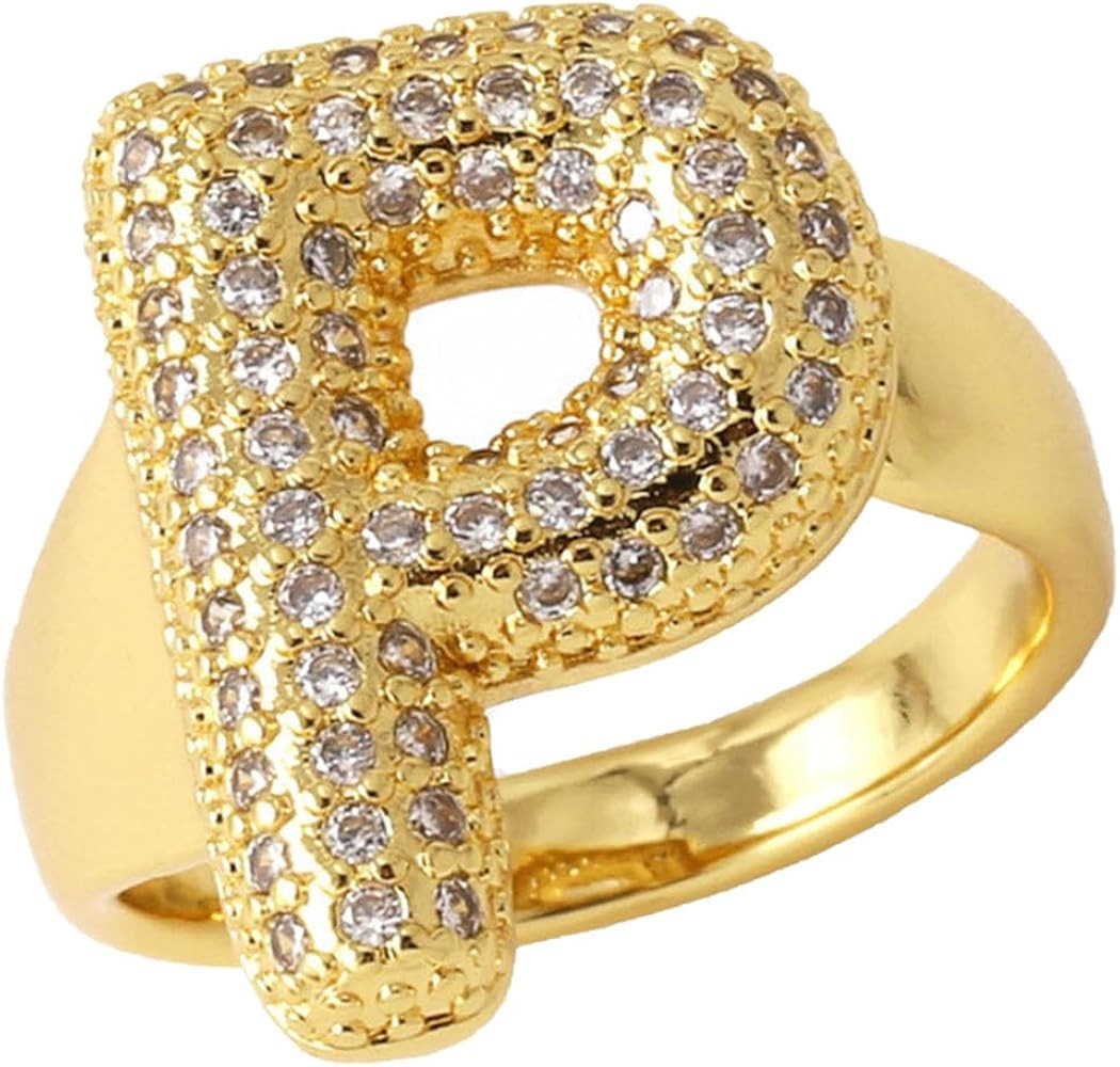 Initial Rings for Women, Bubble Letter Initial Balloon Ring Adjustable Charm Rings Open 14K Chunk... | Amazon (US)