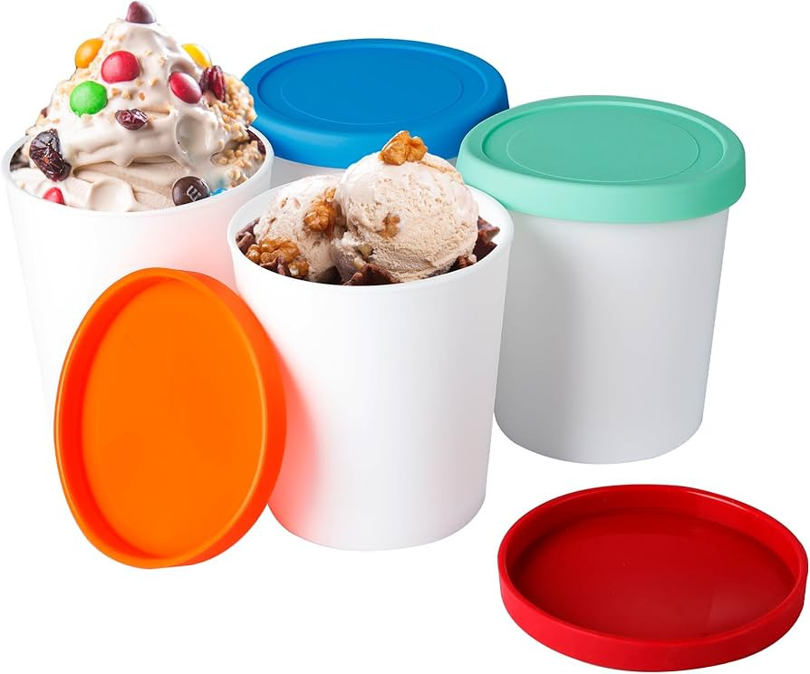 Ice Cream Containers Set (4 Pack - 1 Quart Each) for Homemade, Reusable Storage for Freezer, Leak... | Amazon (US)