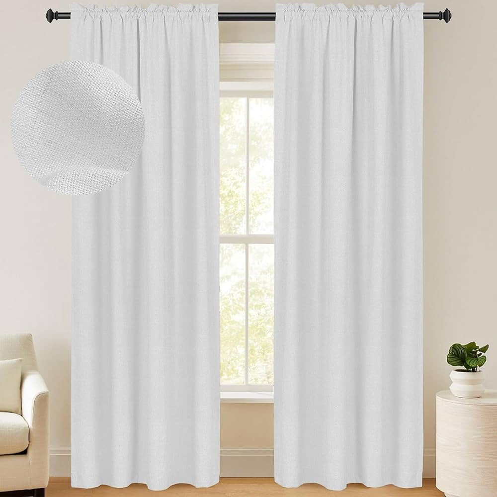100% Blackout Shield Linen Blackout Curtains 84 Inches Long 2 Panels Set, Blackout Curtains for Bedroom/Living Room, Thermal Insulated Rod Pocket Window Curtains & Drapes, 50W X 84L,Ice Cube White | Amazon (US)
