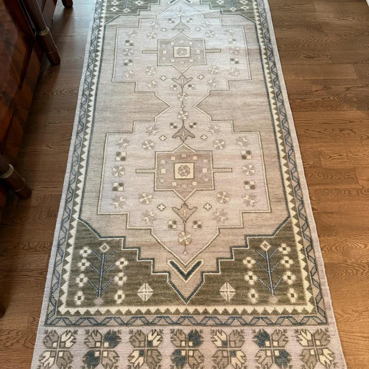 Hand-Knotted Oushak Runner Wool Rug, Beige Sage Green, Vintage Floral Geometric (2x8, 2.5x8, 2.5x... | Etsy (Global)