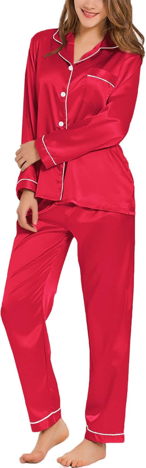 SWOMOG Womens Silk Satin Pajamas Loungewear Two-piece Sleepwear Button-Down Pj Set | Amazon (US)