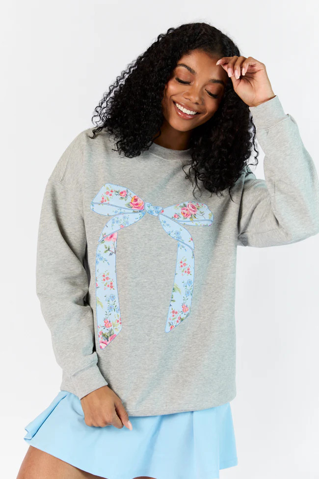Vintage Floral Printed Bow Light Grey Oversized Graphic Sweatshirt | Pink Lily