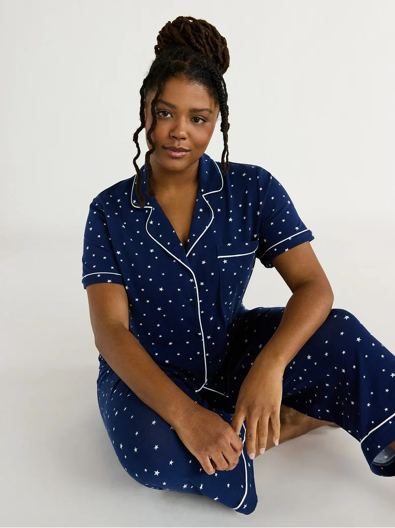 Joyspun Women's Cotton Blend Notch Collar Top and Capri Pants Pajama Set, 2-Piece, Sizes S to 4X | Walmart (US)
