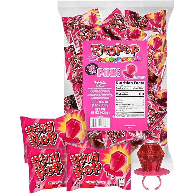 Ring Pop Individually Wrapped Pink Strawberry Party Pack – 30 Count Strawberry Flavored Pink Ca... | Amazon (US)