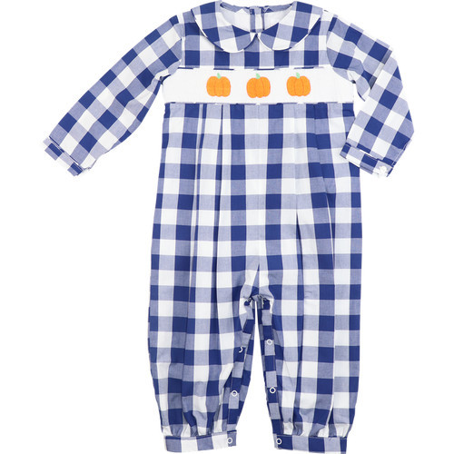 Navy Check Smocked Pumpkin Long Romper | Cecil and Lou