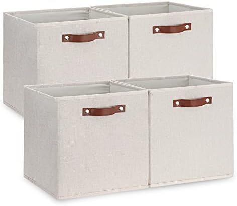 Temary Fabric Storage Cubes Storage Bins with Dual Leather Handles, 4 Pack Cube Baskets 13x13 Foldab | Amazon (US)