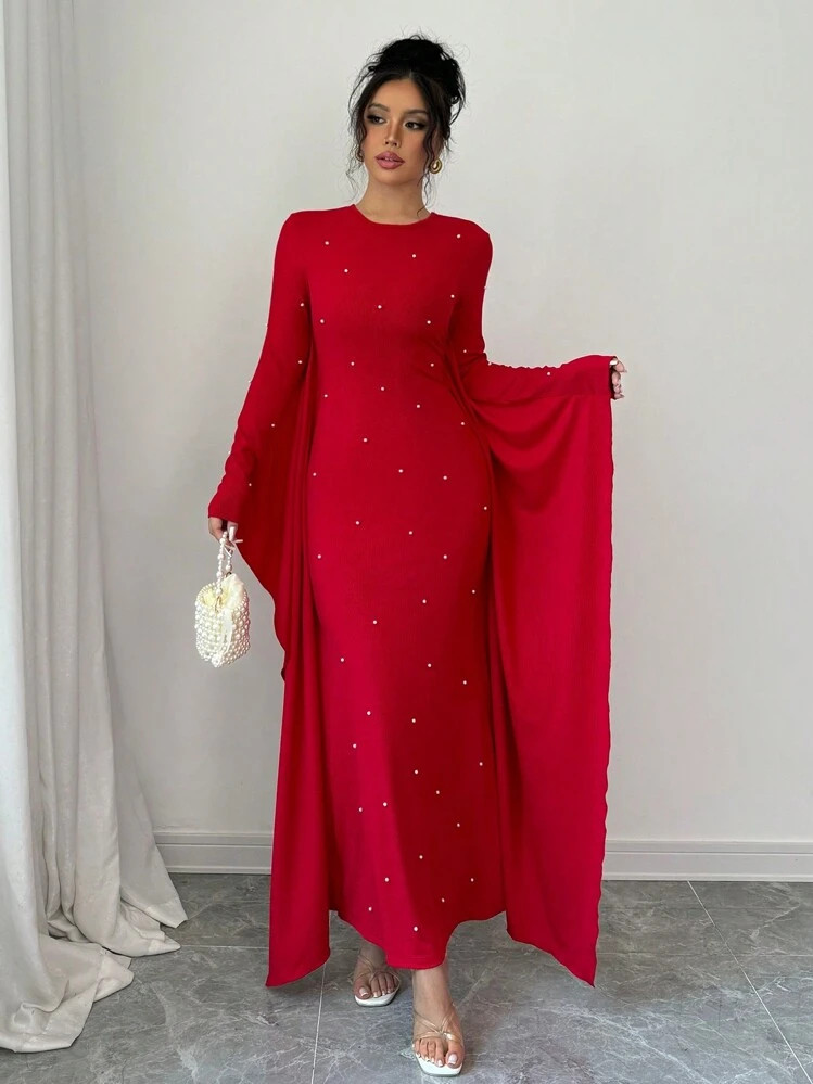 SHEIN Raffinéa Solid Color Round Neck Batwing Sleeve Bubble Pearl Elegant Long Dress For New Year Clothes Maxi Women Outfit | SHEIN
