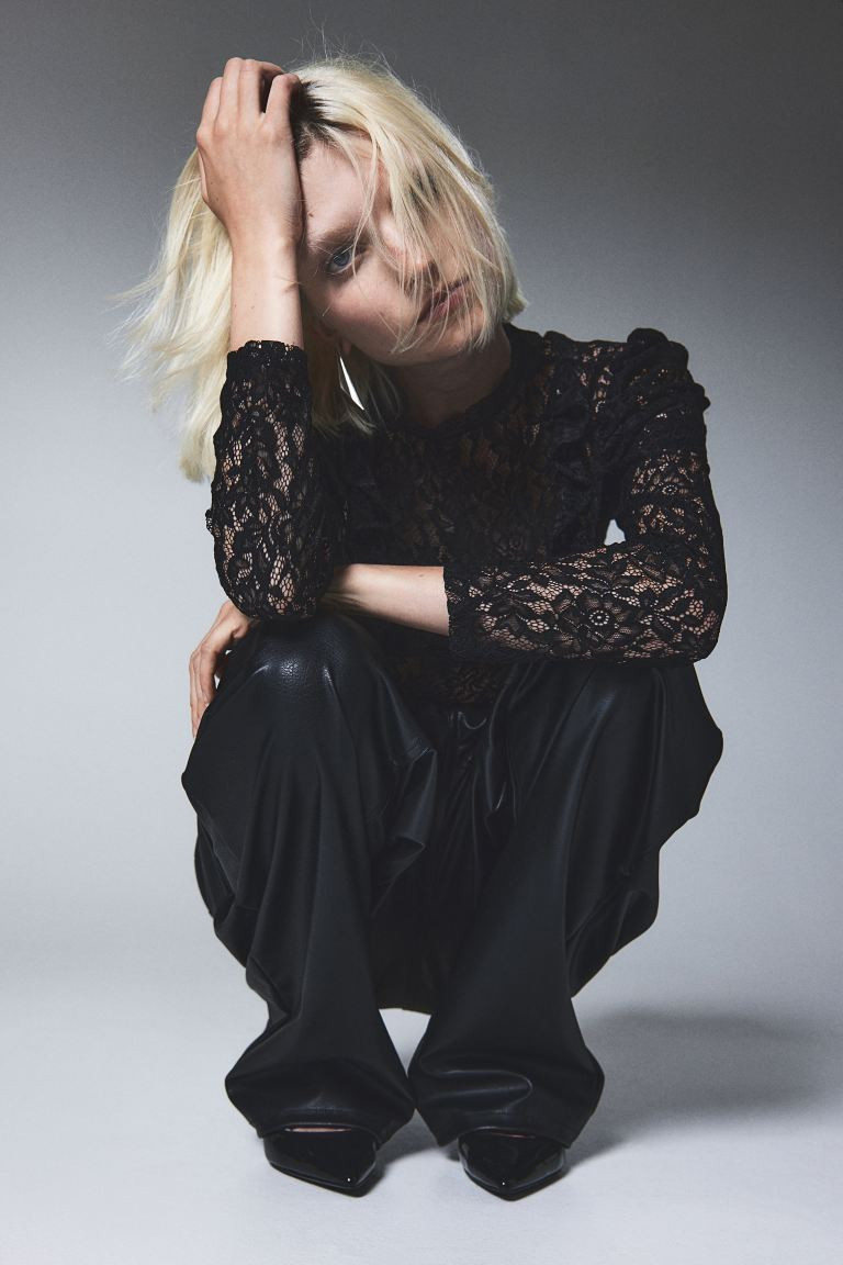 Ruffle-trimmed Puff-sleeved Lace Top - Black - Ladies | H&M US | H&M (US + CA)