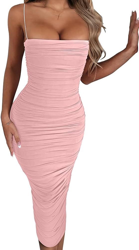 BEAGIMEG Women's Sexy Bodycon Summer Sleeveless Spaghetti Straps Ruched Casual Club Party Long Dr... | Amazon (US)