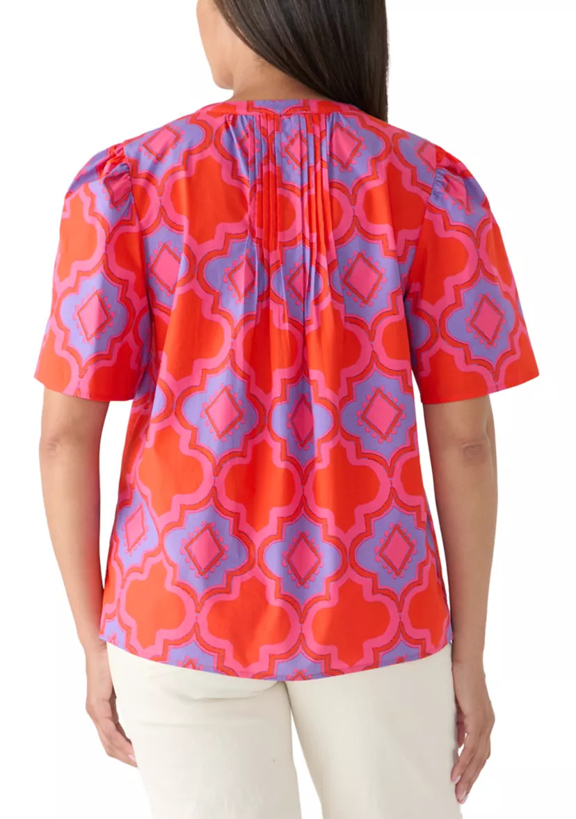 Women's Split Neck Pleated Tile Print Blouse | Belk