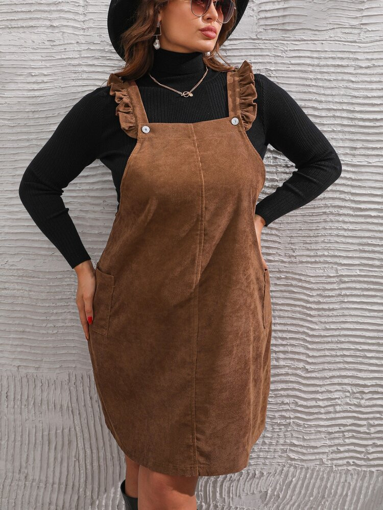 Plus Ruffle Trim Patched Pocket Corduroy Overall Dress Without Sweater
       
              
   ... | SHEIN