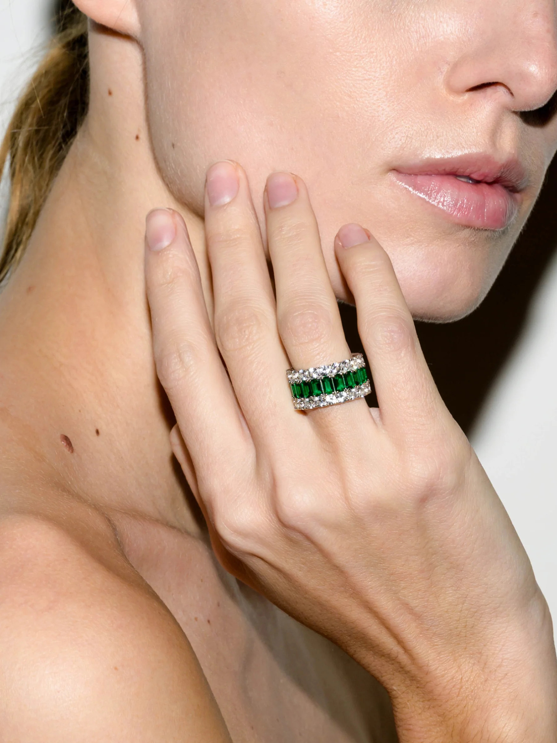 MAXIME THREE-ROW RING IN NANO EMERALD AND MOISSANITE | Dorsey