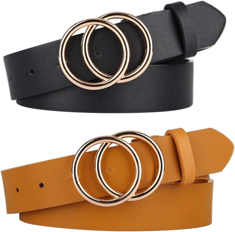 UnFader Pack 2 Women Belts for Jeans with Fashion Double O-Ring Buckle and Faux Leather | Amazon (US)