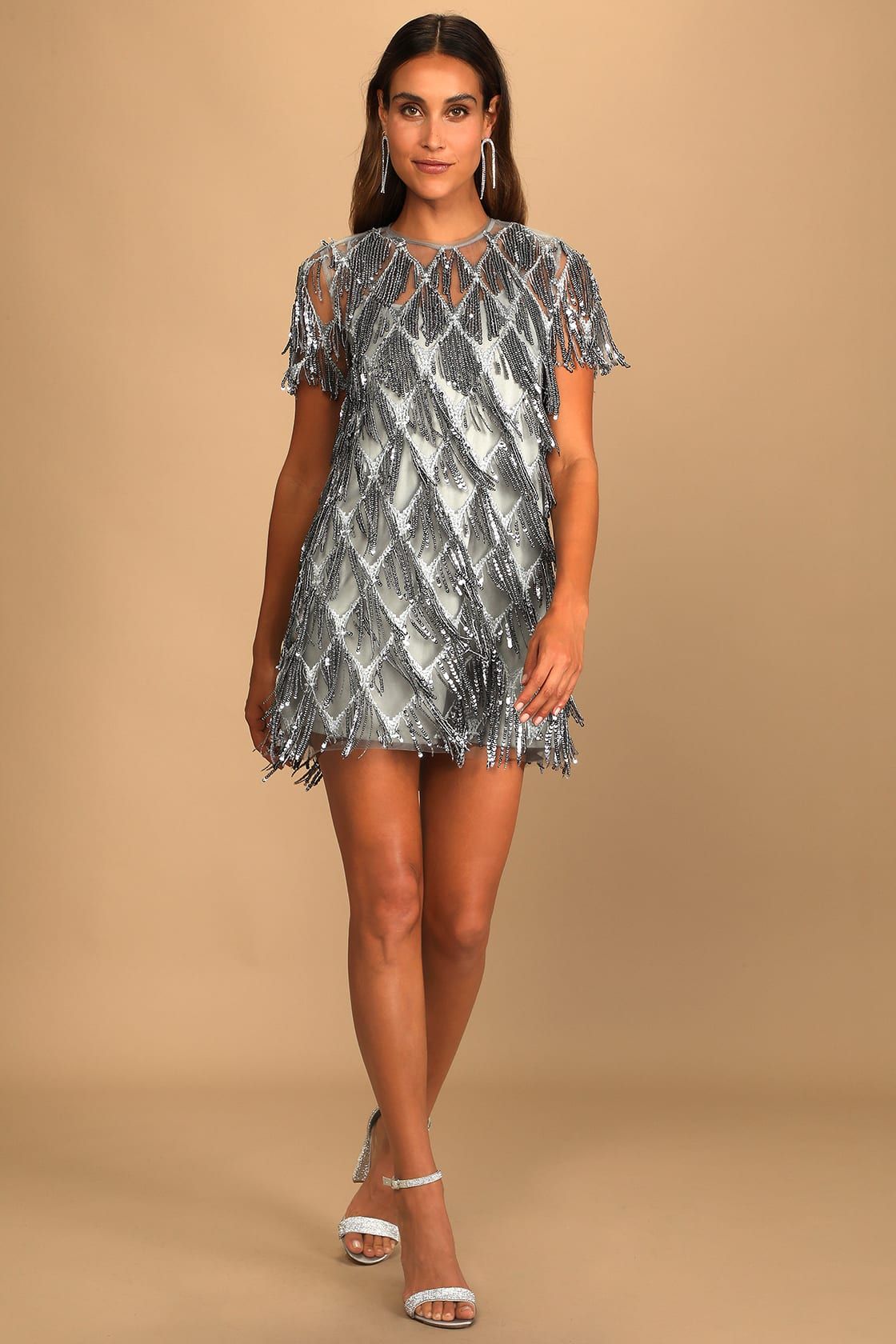 On the Dance Floor Grey Sequin Fringe Short Sleeve Shift Dress | Lulus (US)