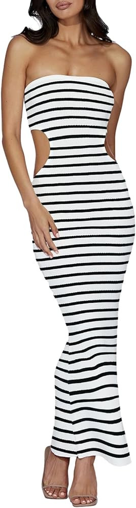 Women Strapless Knitted Maxi Dress Tube Backless Hollowed Off Shoulder Striped Patchwork Bodycon ... | Amazon (US)