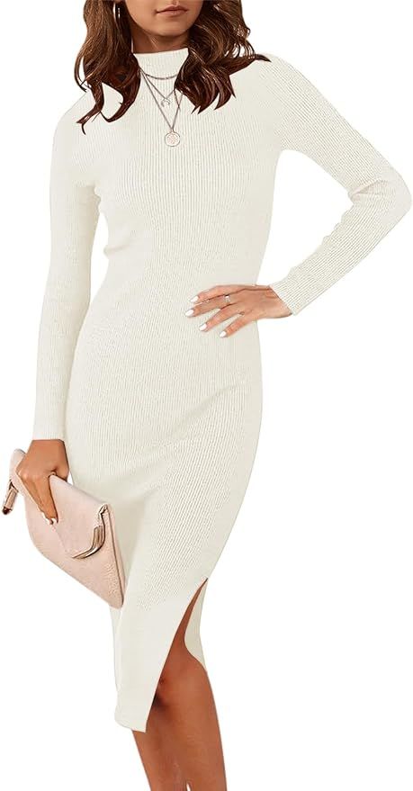 ANRABESS Women's 2023 Fall Long Sleeve Sweater Dress Turtleneck Slim Fit Ribbed Knit Slit Midi Dr... | Amazon (US)