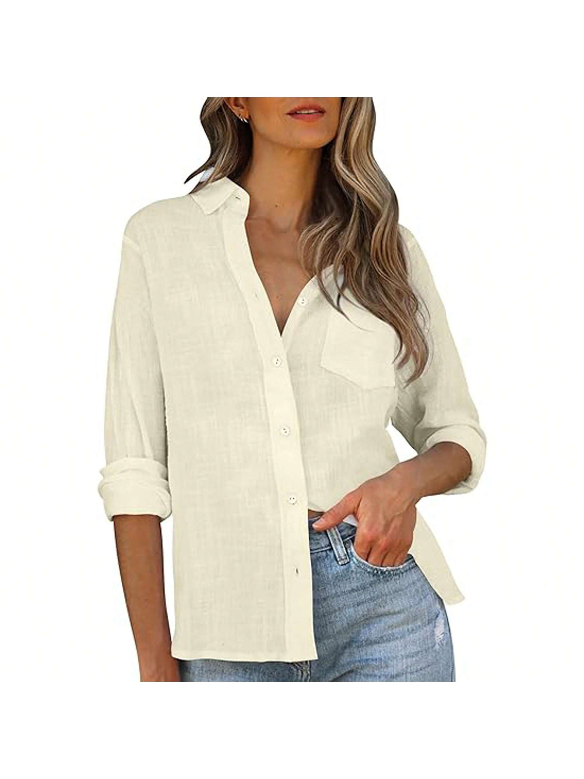 PiePieBuy PiePieBuy Womens V Neck Button Down Shirt Cotton Linen Long Sleeve Casual Blouse Loose ... | SHEIN