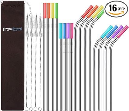 StrawExpert Set of 16 Reusable Stainless Steel Straws with Travel Case Cleaning Brush Silicone Ti... | Amazon (US)