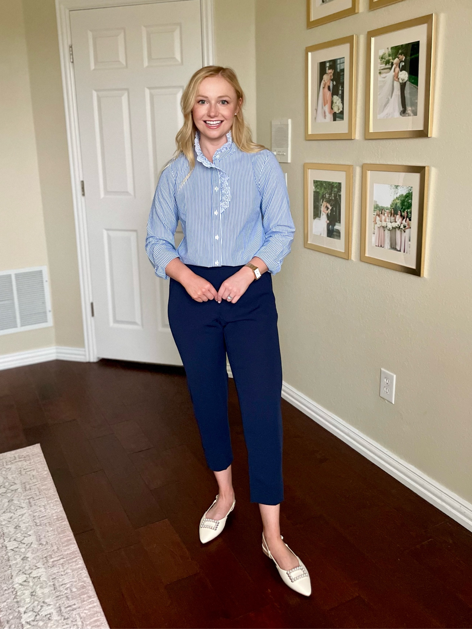 Wearing an XS in top and 2P in pants, but I could use a 2 regular! | workwear, spring workwear, work outfit, work pants, navy pants, spring outfit 

#LTKstyletip #LTKworkwear #LTKSeasonal