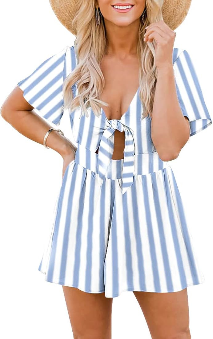 Aoysky Womens Summer Short Rompers Sexy Cute Loose Tie Front Jumpsuit Casual V Neck Wide Leg Beac... | Amazon (US)