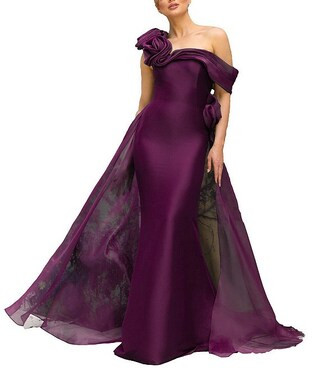 Mikado One Shoulder Rosette Applique Train Gown | Dillard's