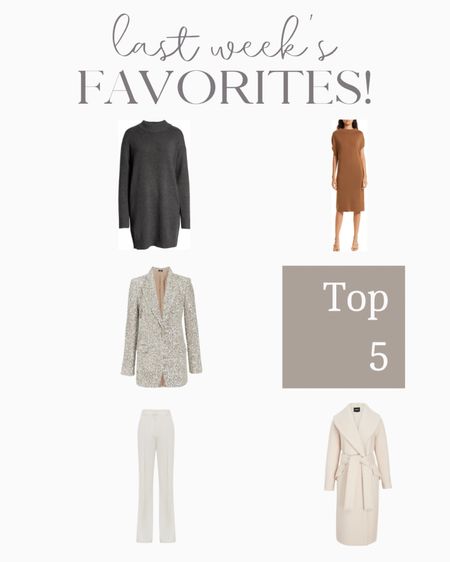 Last week’s best sellers!
Sweater dress, sequin blazers, flare leg trousers, wrap coat 