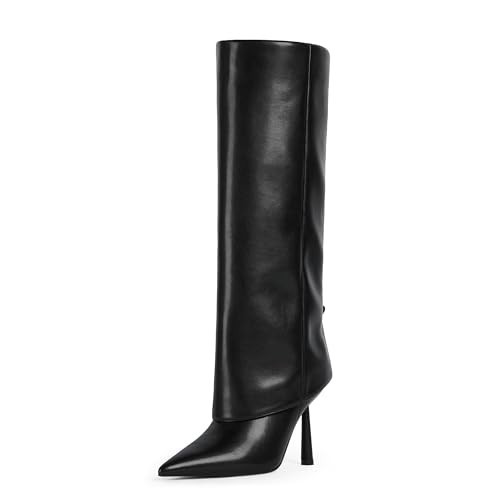 Modatope Black Boots for Women Fold Over Pointed Toe Knee High Boots High Heel Womens Boots with Side Zipper Size 7.5 | Amazon (US)