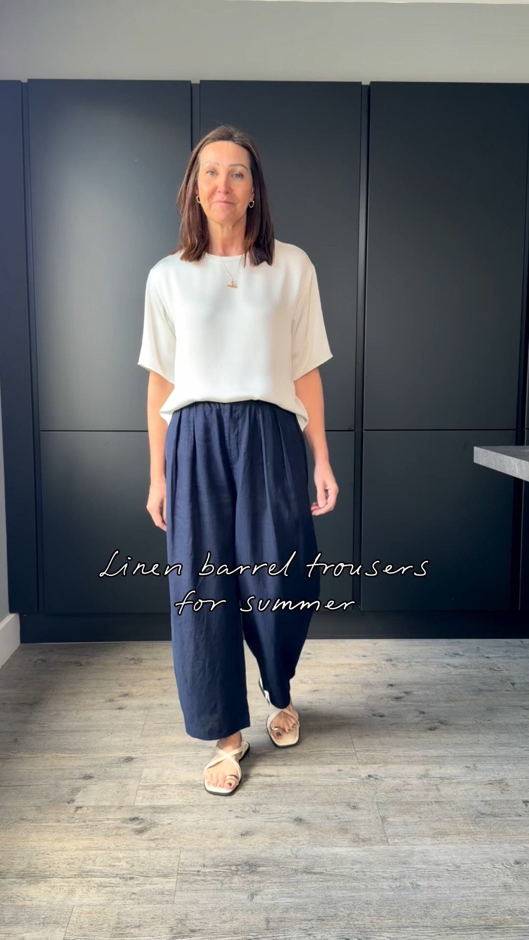 Barrel trousers are still big for summer 26’  - this linen pair are flowy and effortless and cool in the perfect navy linen. 
Great with cropped jackets for spring and floaty tops like this tee for summer. 
  I wear a small x

#LTKspring #LTKstyletip #LTKsummer