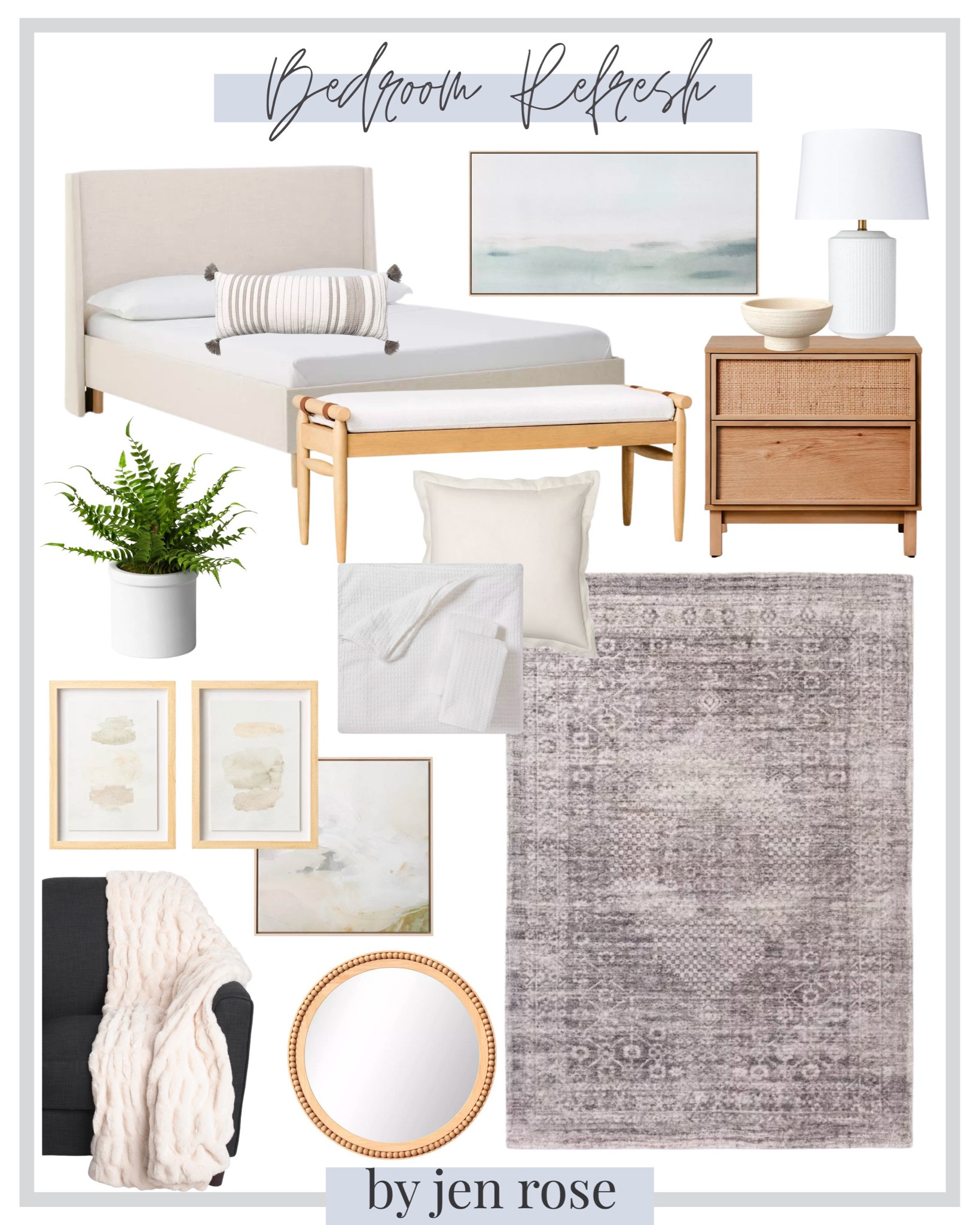 bedroom refresh / bedroom decor / bedroom essentials / bedroom style / bed frame / rug / wall decor / target home finds / wayfair home finds : bedside table / throw pillows 

#LTKhome #LTKstyletip #LTKSeasonal