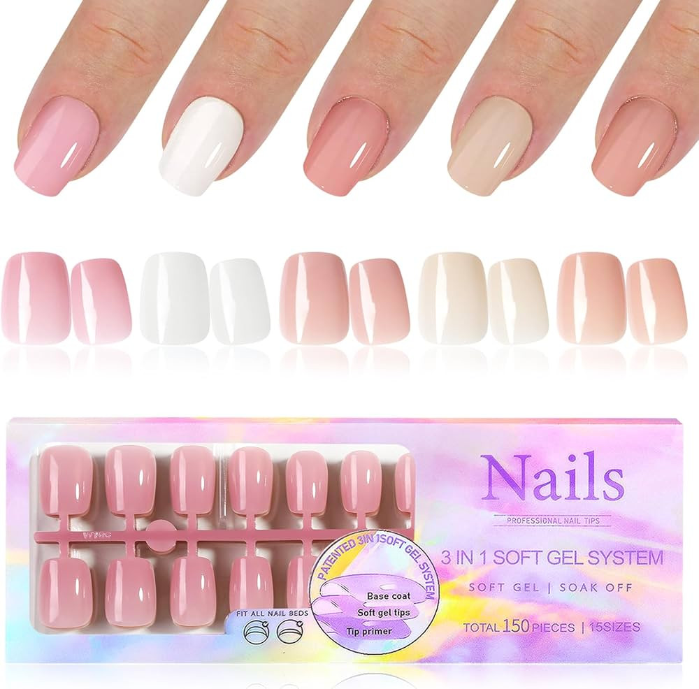 Square Press On Nails Short, Pre-colored Gel Press on Nails Square Nail Tips, 5 Colors Soft Gel N... | Amazon (US)