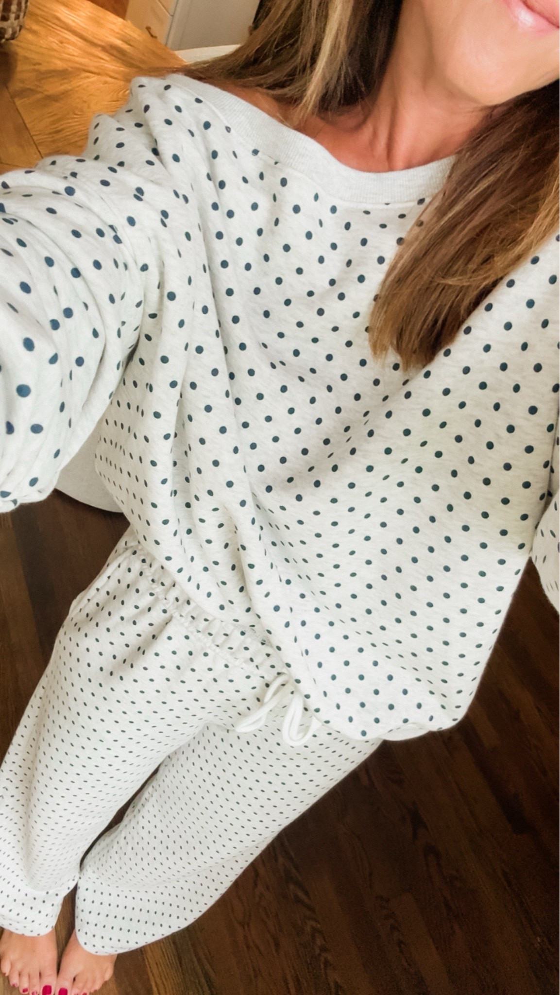 Seemed like the perfect rainy Sunday outfit. 
XS matching sweat set. 
Navy polka dots. 2 solid color options 
Walmart style

#LTKootd #LTKmomlife #LTKSeasonal