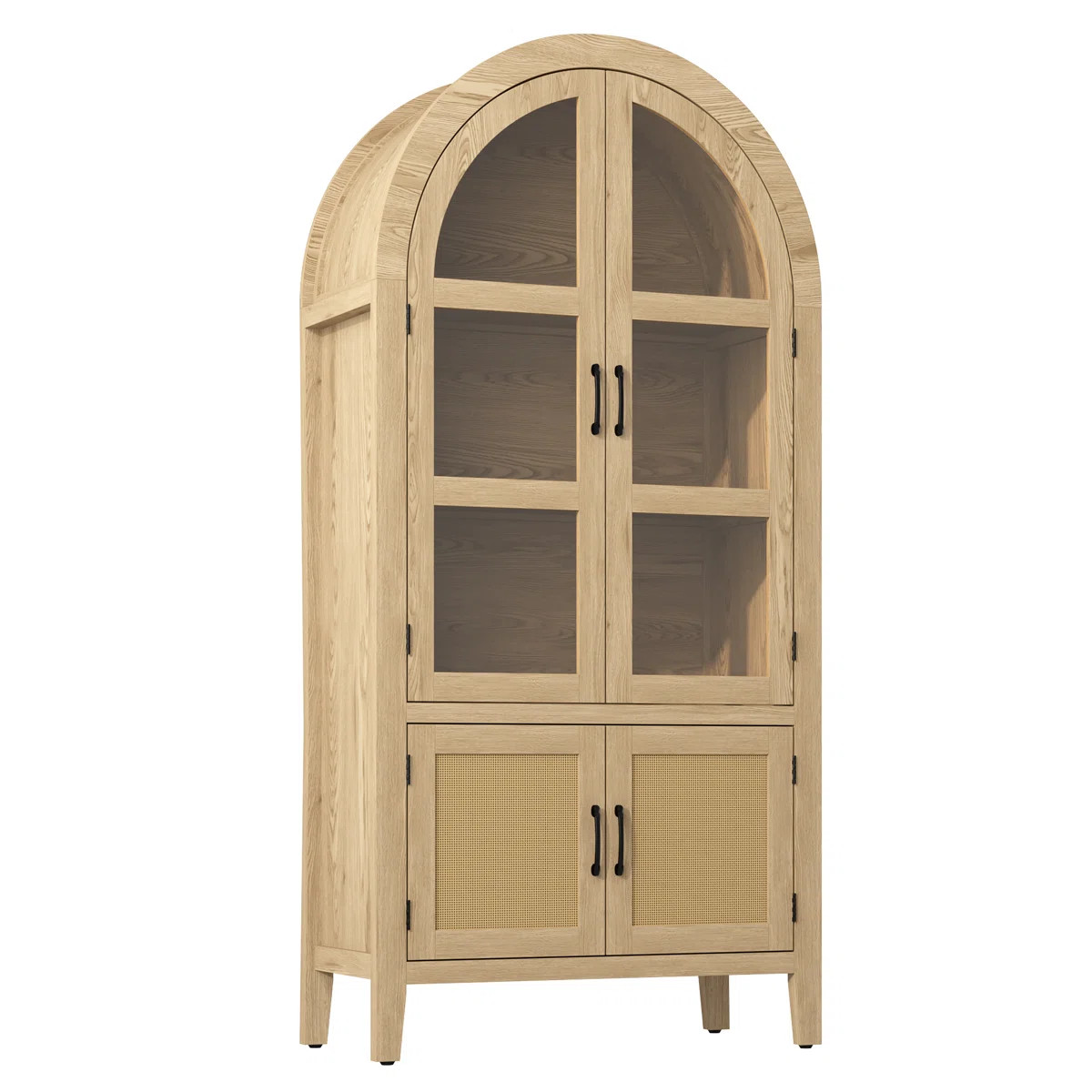 71'' Tall Arched Bookcase with Glass Door，Pantry Cabinet with Rattan Doors | Wayfair North America