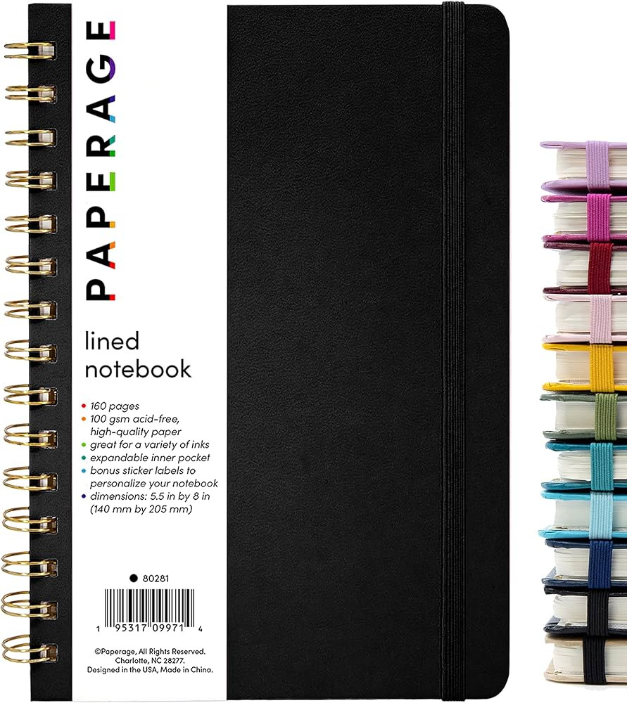 PAPERAGE Lined Spiral Journal Notebook, (Black), 160 Pages, Medium 5.7 inches x 8 inches - 100 GS... | Amazon (US)